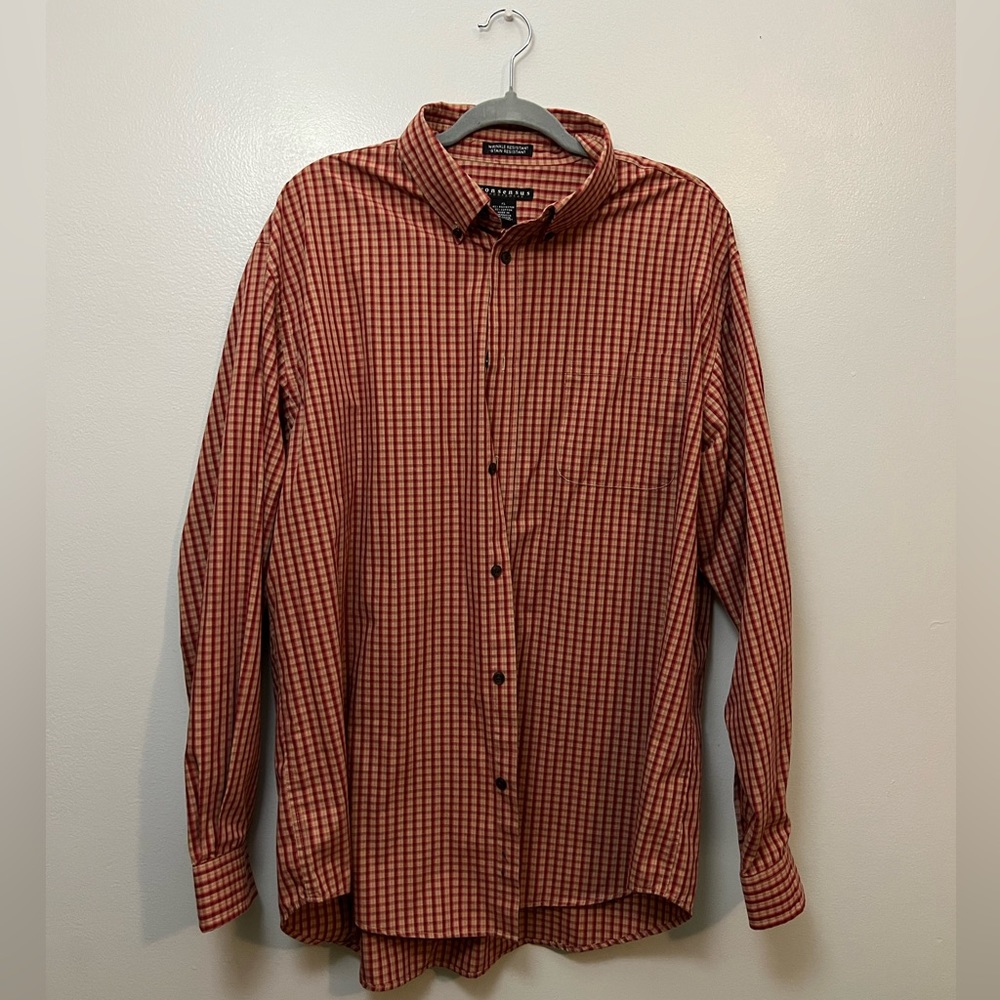 Consensus Men’s long sleeve button down plaid print red, orange, maroon and tan